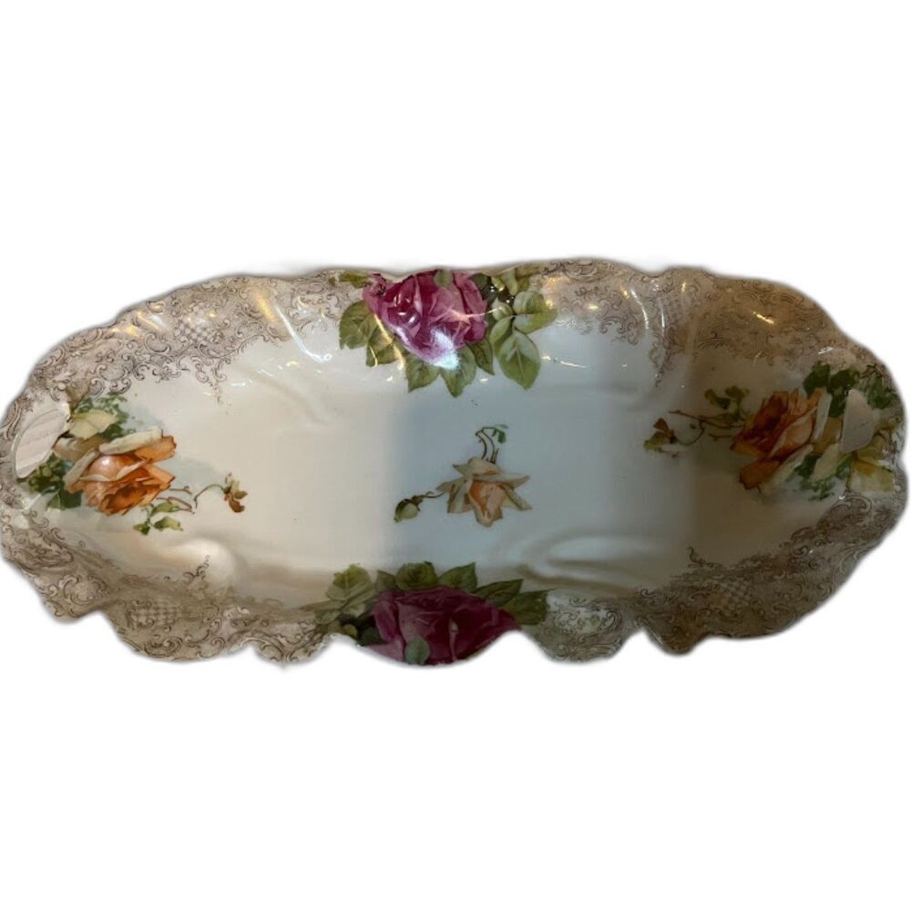 Vtg Schumann Arzberg Germany Porcelain Floral Relish Plate Embossed Gold Trim